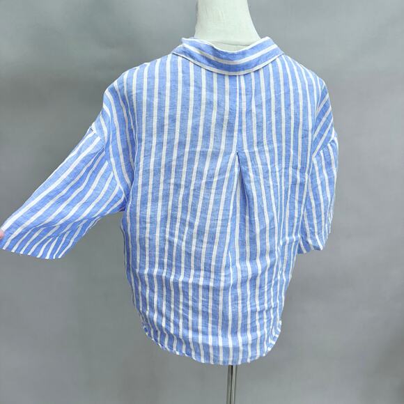 H&M blue striped linen 3/4 sleeve button up cropped top size Small boxy oversize - Picture 11 of 16